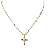113525, GEMSTONE CROSS PENDANT FACETED CRYSTAL BEAD STATION NECKLACE
