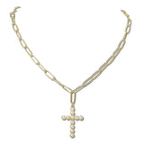 113526, PEARL BEZEL CROSS PAPERCLIP CHAIN NECKLACE