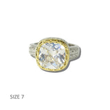 113534, 14K GOLD PLATED TWO TONE CUSHION CZ BEADED BEZEL RING