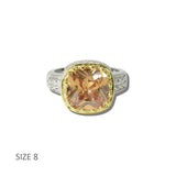113536, 14K GOLD PLATED TWO TONE CUSHION CZ BEADED BEZEL RING