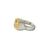 113536, 14K GOLD PLATED TWO TONE CUSHION CZ BEADED BEZEL RING