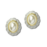 113540, 14K GOLD PLATED OVAL PEARL CABOCHON HALO STUD EARRINGS