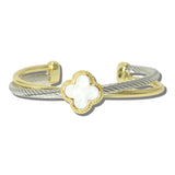 113554, 14K GOLD PLATED MOTHER OF PEARL CLOVER CABLE CUFF BRACELET