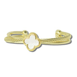 113554, 14K GOLD PLATED MOTHER OF PEARL CLOVER CABLE CUFF BRACELET