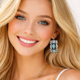 113586, WESTERN DIAMOND TURQUOISE BLACK INLAY SHIELD DANGLE EARRINGS