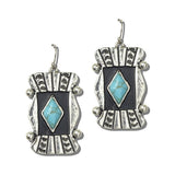 113586, WESTERN DIAMOND TURQUOISE BLACK INLAY SHIELD DANGLE EARRINGS