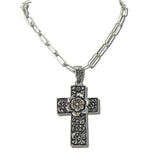 113609, WESTERN FLORAL FILIGREE CROSS PAPERCLIP CHAIN NECKLACE