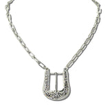 113614, WESTERN ENGRAVED BELT BUCKLE AB CRYSTAL PAPERCLIP CHAIN NECKLACE