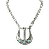 113615, WESTERN BELT BUCKLE TURQUOISE CABOCHON PAPERCLIP CHAIN NECKLACE