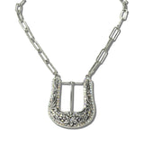 113617, WESTERN ENGRAVED BELT BUCKLE AB CRYSTAL PAPERCLIP CHAIN NECKLACE
