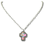 113623, WESTERN COTTON CANDY STONE CROSS PAPERCLIP CHAIN NECKLACE