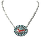 113626, WESTERN RED CARDINAL OVAL TURQUOISE STONE PAPERCLIP CHAIN NECKLACE