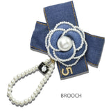 113654, DENIM CAMELLIA FLOWER PEARL BOW DROP CHARM DUAL BROOCH AND HAIR CLIP