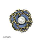 113657, DENIM CAMELLIA FLOWER WOVEN CHAIN TRIMMED DUAL BROOCH & HAIR CLIP