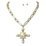 113716, VINTAGE BAROQUE PEARL CROSS PENDANT PAPERCLIP CHAIN NECKLACE