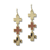 113725, THREE TIER FAUX LEATHER CROSS LINEAR DROP EARRINGS