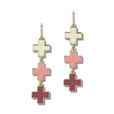 113725, THREE TIER FAUX LEATHER CROSS LINEAR DROP EARRINGS