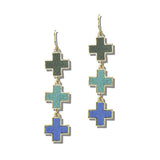 113725, THREE TIER FAUX LEATHER CROSS LINEAR DROP EARRINGS