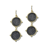 113726, TWO TIER FAUX LEATHER DISC DROP EARRINGS