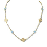 113734, PEARL CLOVER AND BEZEL STONE STATION NECKLACE