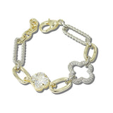 113748, 14K GOLD PLATED TWO TONE PAVE CZ CLOVER LINK BRACELET