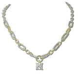 113821, 14K GOLD PLATED TWO-TONE MIXED LINK CZ PENDANT NECKLACE