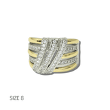 113822, 14K GOLD PLATED TWO TONE PAVE CZ CROSSOVER BAND RING