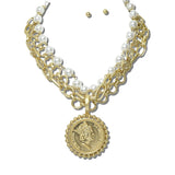113862, WATER RESISTANT MULTI STRAND COIN PENDANT AND PEARL BEADED NECKLACE