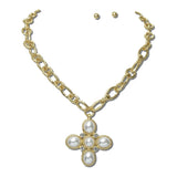 113865, WATER RESISTANT PEARL AND CRYSTAL CROSS PENDANT CHAIN NECKLACE