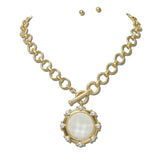 113867, WATER RESISTANT PEARL EMBELLISHED MEDALLION PENDANT TOGGLE CHAIN NECKLACE