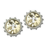 113870, HAMMERED MEDALLION CROSS STUD EARRINGS