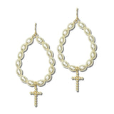 113878, CROSS CHARM PEARL EMBELLISHED OVAL HOOP DROP EARRINGS