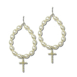 113878, CROSS CHARM PEARL EMBELLISHED OVAL HOOP DROP EARRINGS