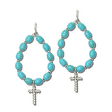 113879, TURQUOISE STONE BEADED TEARDROP HOOP WITH CROSS CHARM EARRINGS