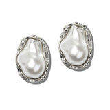 113908, BAROQUE PEARL AND SCULPTED TEXTURED METALLIC FRAME STUD EARRINGS