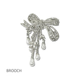 113930, PAVE CRYSTAL BOW & CASCADING PEARL DROP BROOCH PIN