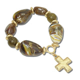 CB2427BRN 11 · Marbled Nugget Cross Stretch Bangle – Mat Gold/Brown