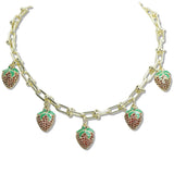 107770, 14K GOLD PLATED STRAWBERRY CUBIC ZIRCONIA MULTI CHARM DESIGNER INSPIRED NECKLACE