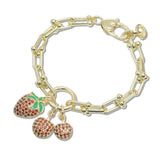 107773, 14K GOLD PLATED CHERRY STRAWBERRY CUBIC ZIRCONIA CHARM DESIGNER INSPIRED BRACELET