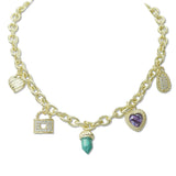 108774, 14K GOLD PLATED TURQUOISE STONE HEART LOCK MULTI CHARM DESIGNER INSPIRED NECKLACE