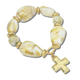 CB2427IVY 12 · Marbled Nugget Cross Stretch Bangle – Mat Gold/Ivory