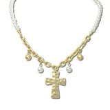 MFN00040MGCRM_BE 13 · Hammered Cross Beaded Chain Necklace – Mat Gold/Cream