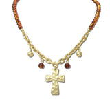 MFN00040MGBRN_BE 14 · Hammered Cross Beaded Chain Necklace – Mat Gold/Brown