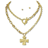 NK10211VG24K_TP 15 · Hammered Cross Toggle Necklace Set – 24K Gold Tone