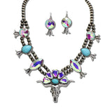 Western Steer Skull Blossom Statement Necklace Set – Silver Burnished/AB · AS7845-SBAB_MO 16