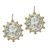 TFE00070WGWS_BE 17 · Round Medallion Coin Drop Earrings – Worn Gold/Worn Silver