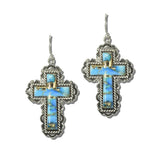 AE9394-SBTQ_MO 17 · Western Marbled Stone Cross Drop Earrings – Silver Burnished/Turquoise