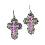 AE9394-SBPK_MO 18 · Western Marbled Stone Cross Drop Earrings – Silver Burnished/Pink