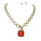 Water Resistant Faceted Cushion Pendant Toggle Chain Necklace – Worn Gold/Red · NK10054DRED 31