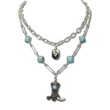 AN5637-SBTQ_MO 37 · Western Boot Stone Layered Necklace – Silver Burnished/Turquoise